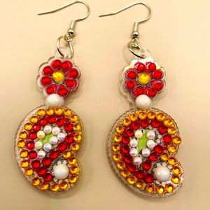 Boho red and yellow rhinestone dangle earring with pearl insets. Handmade.